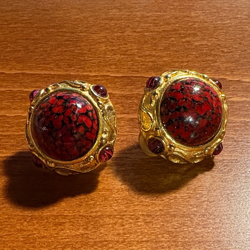 Elegant Gold and Red Mosaic Earrings